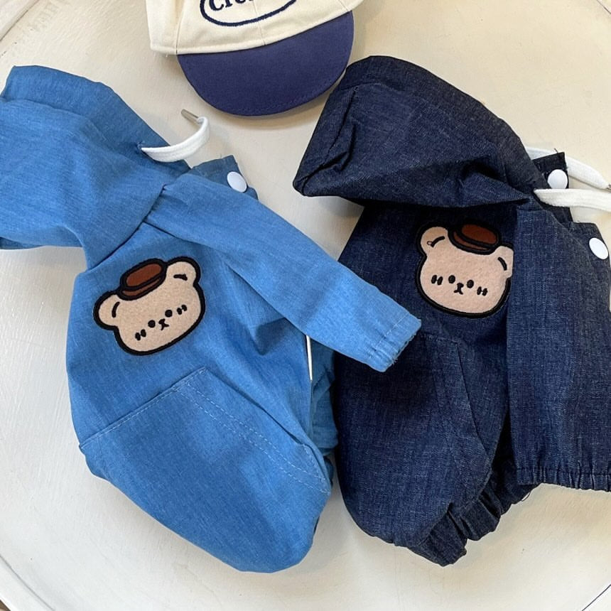 Denim-Look Hooded Pet Jacket with Bear Applique & Kangaroo Pocket