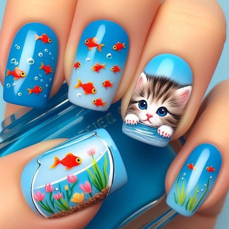 Nail art with playful cat and fish design Kalsten
