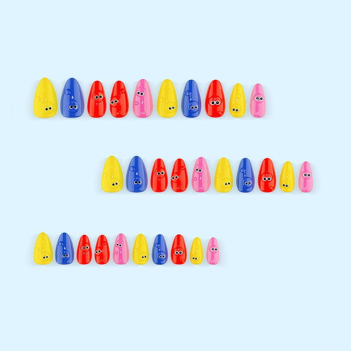 Creative artificial nails with funny faces and colorful accents Kalsten