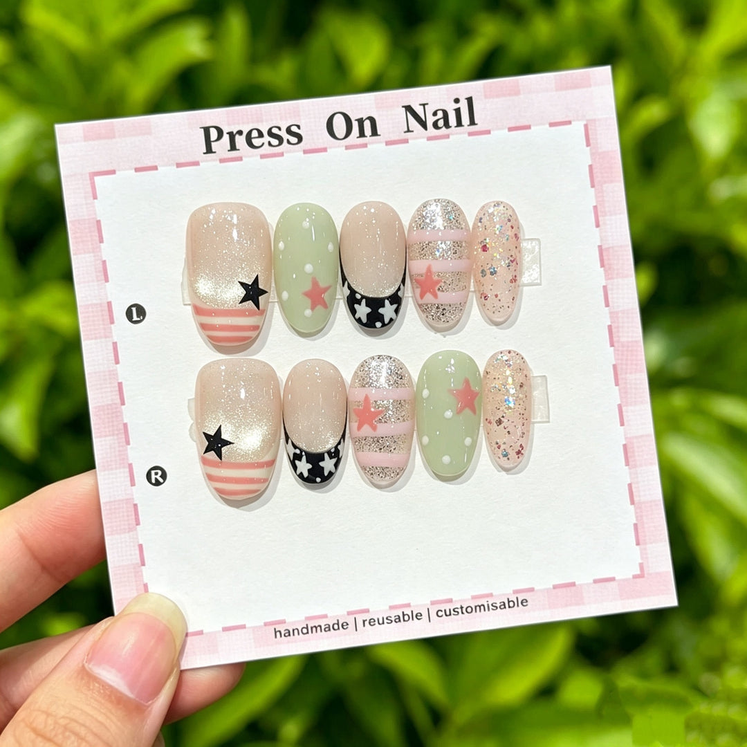 Artistic Press-On Nail Set with Floral and Graphic Designs
