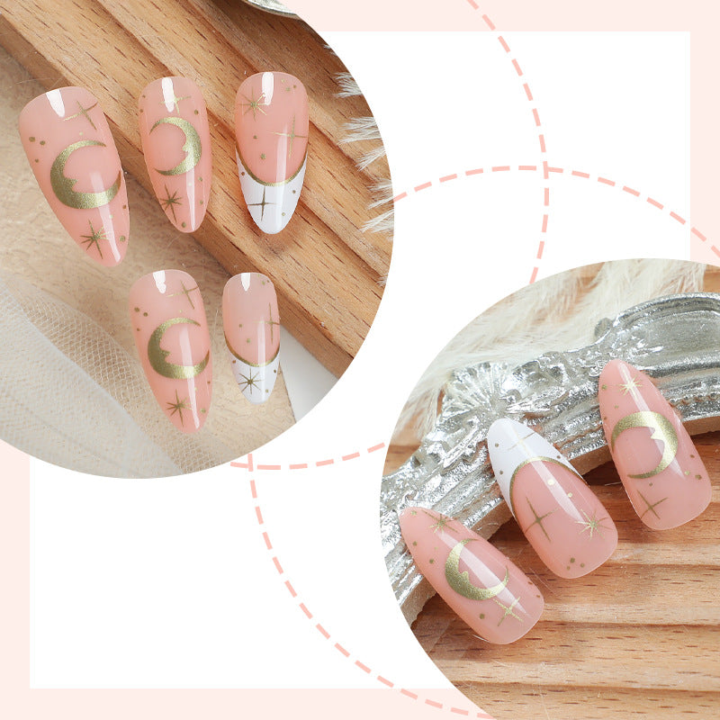 Artistic Press-On Nail Set with Geometric Moon and Star Designs kalsten