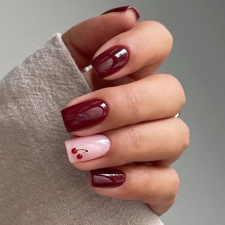 Elegant Press-On Nail Set with Cherry Accent Design Kalsten