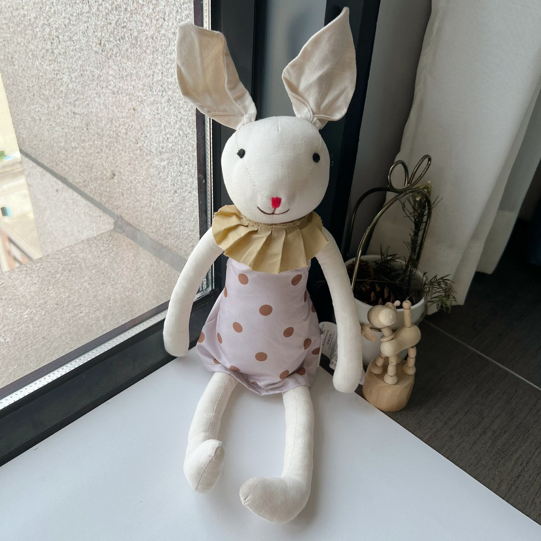 Handcrafted Linen Elephant Plush Doll with Striped Ruffle Collar and Soft Romper