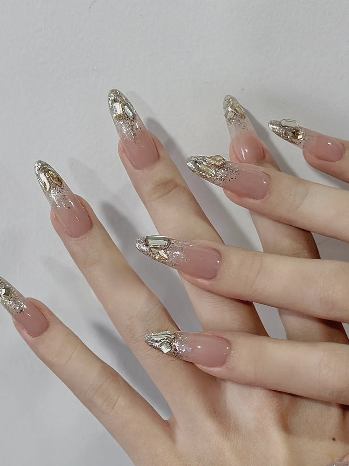 Elegant Gel Press-On Nails with Rhinestone and Glitter Accents Kalsten
