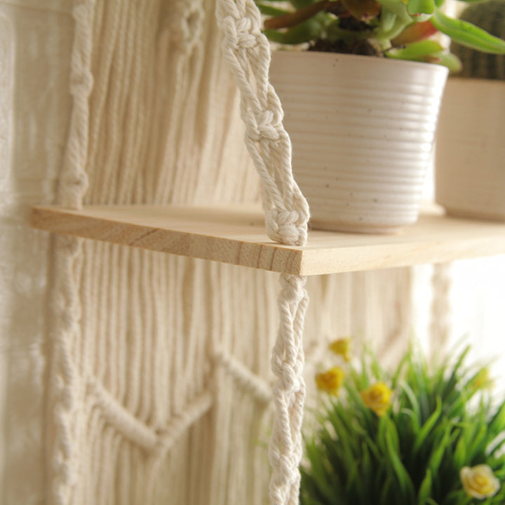 Decorative Wall-Mounted Macrame Shelf with Natural Wooden Accents Kalsten