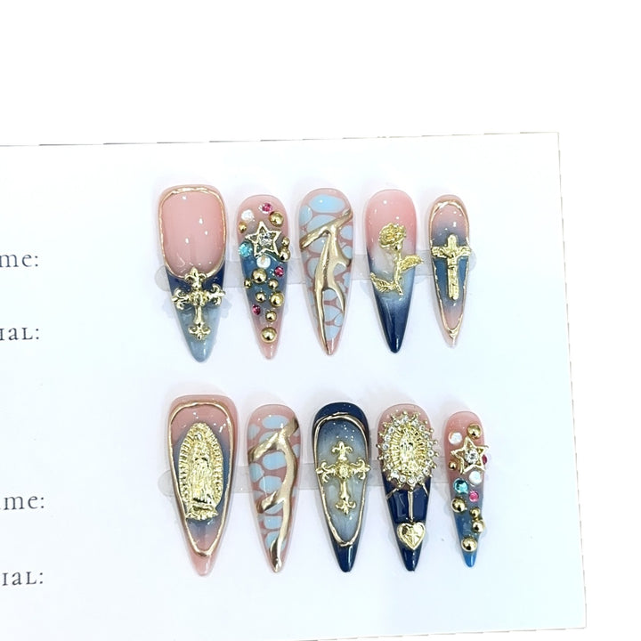 Artistic Decorative Press-On Nail Set with Gemstone Accents