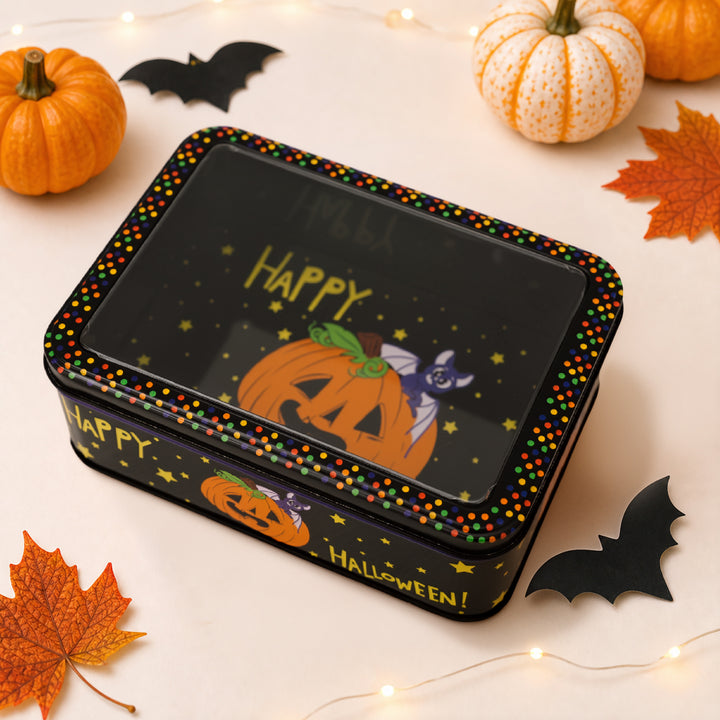 Halloween Metal Box with Viewing Window and Witch Motif