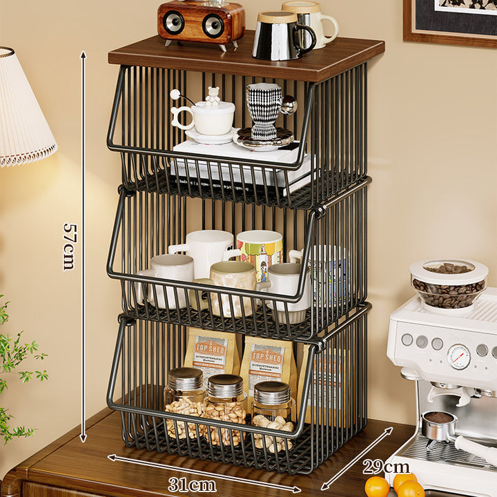 Mobile Four-Tier Kitchen Pantry Organizer Cart with Wood Top and Rolling Wire Baskets
