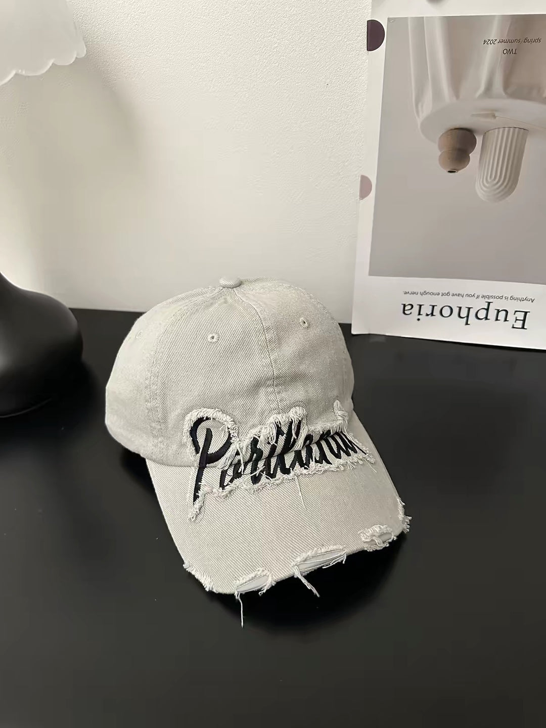 Distressed Denim Baseball Cap with Embroidered Text