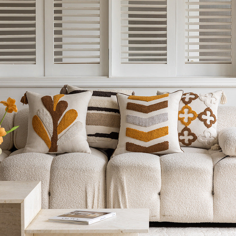 Tufted Quatrefoil Cotton Throw Pillow Cover with Corner Tassels and Hidden Zipper
