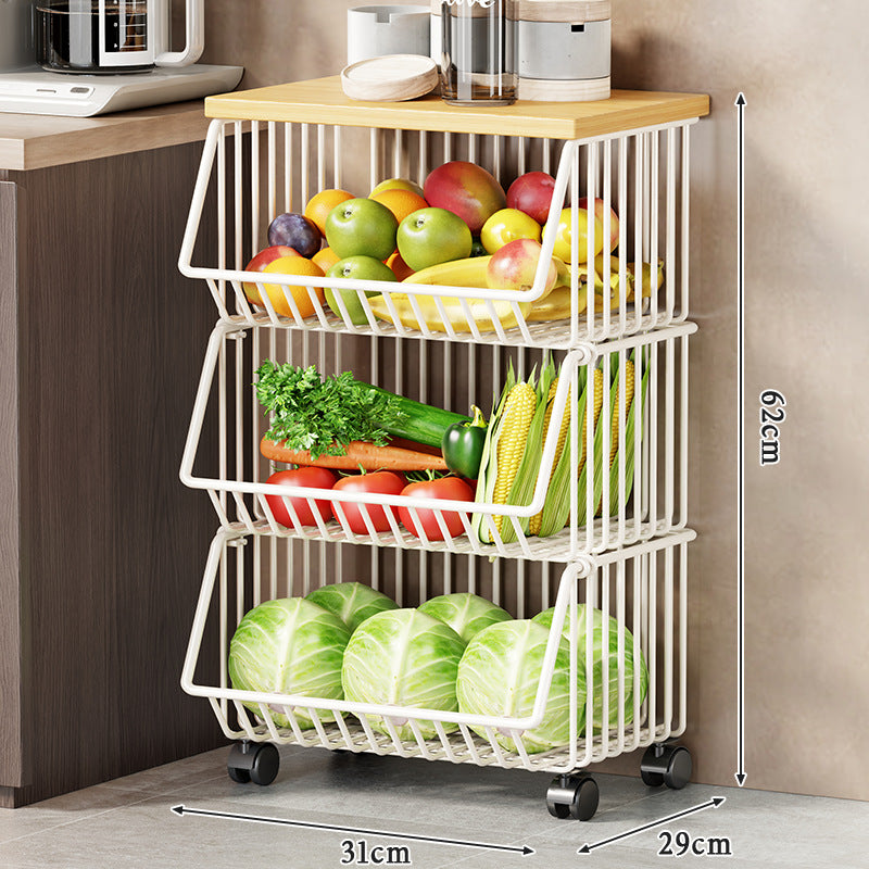 Multi-Tier Rolling Kitchen Pantry Cart with Wood Top and Deep Wire Storage Baskets