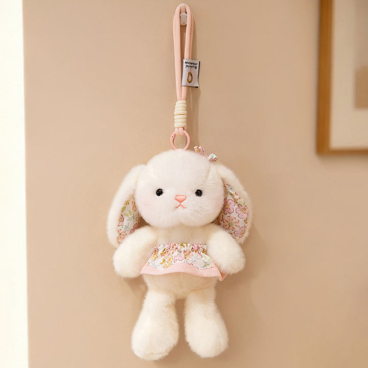 Plush Bunny Bag Charm Keychain with Decorative Bow and Floral Dress Kalsten