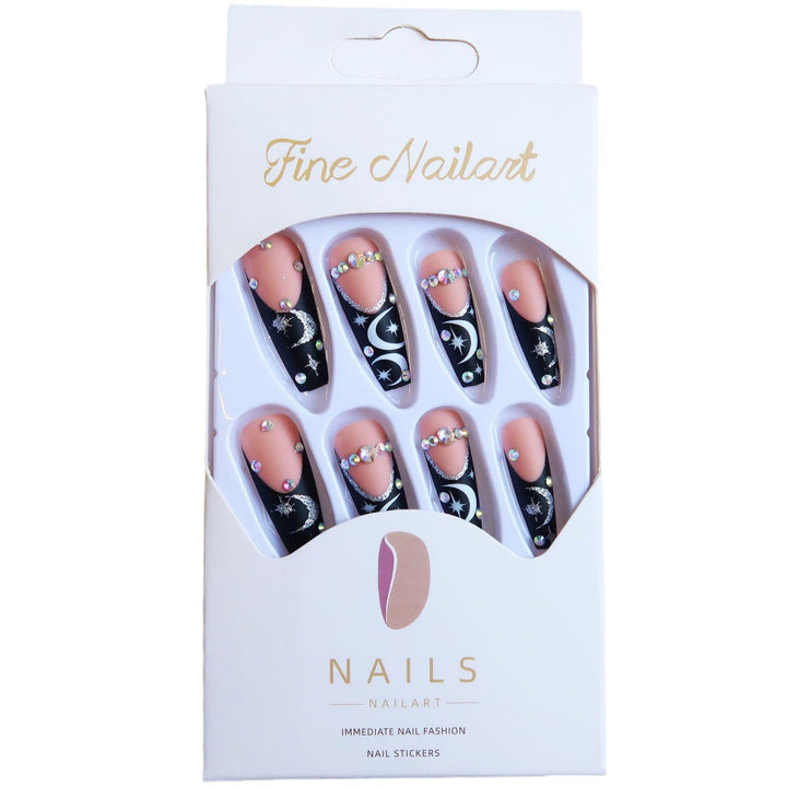 Artistic Long Stiletto Press-On Nail Set with Moon and Star Designs