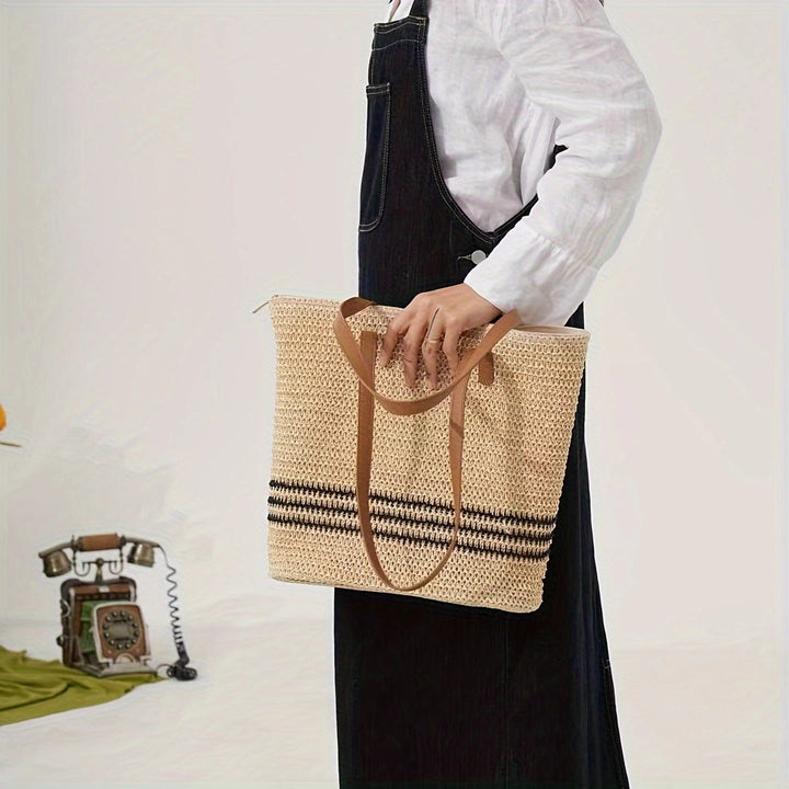 Fashionable Bast and Leather Tote Bag Kalsten