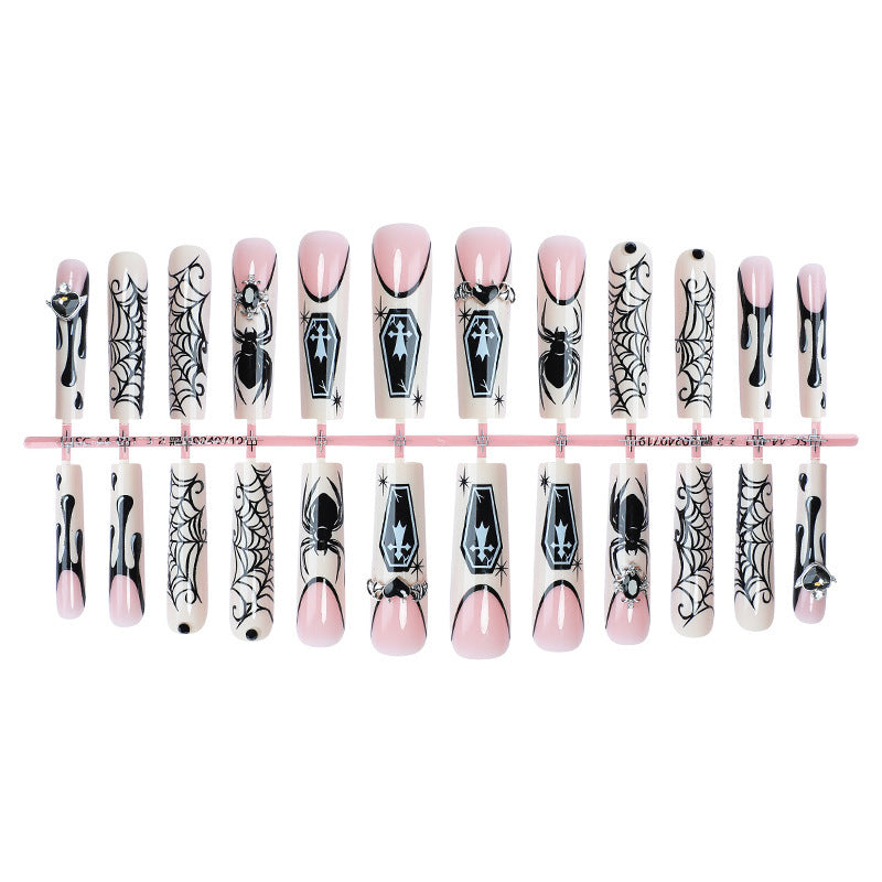 Gothic-Themed Press-On Nail Art Set with Spider and Coffin Designs