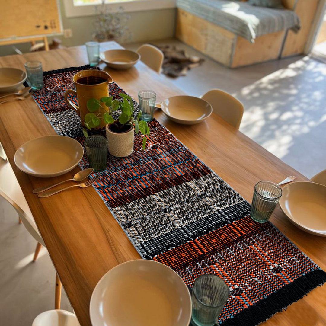 Woven table runner in ethnic look made of cotton blend with fringes Kalsten