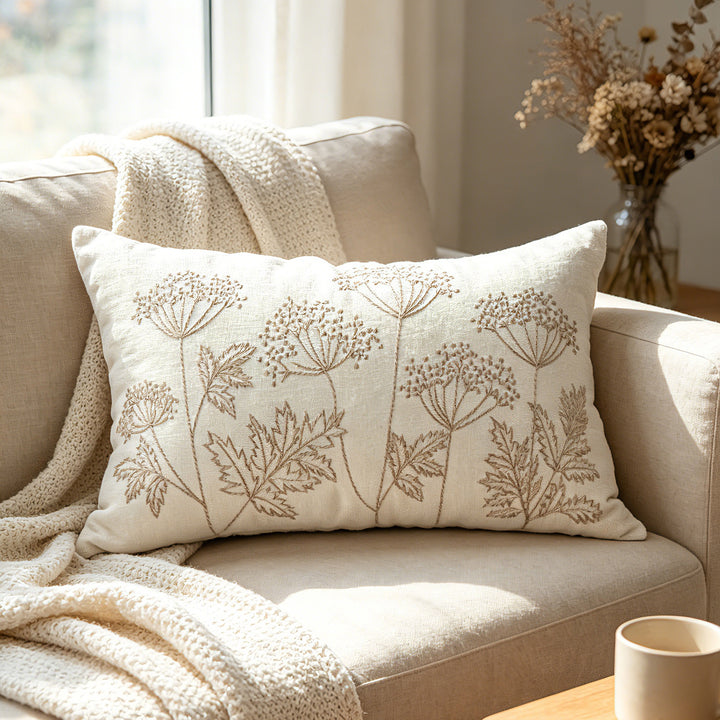 Botanical Embroidered Square Throw Pillow Cover with Linen Texture and Hidden Zipper