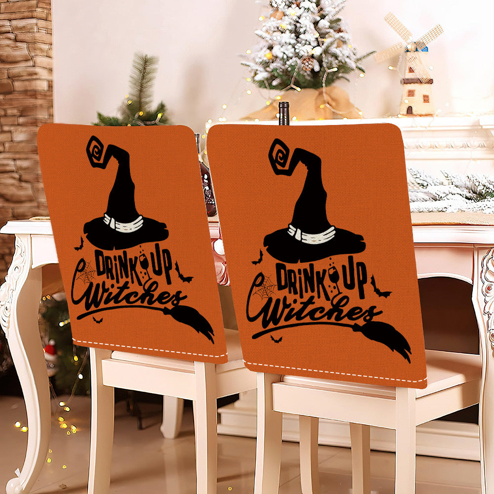 festive Halloween chair covers made of stretchable polyester with witch hat and lettering design