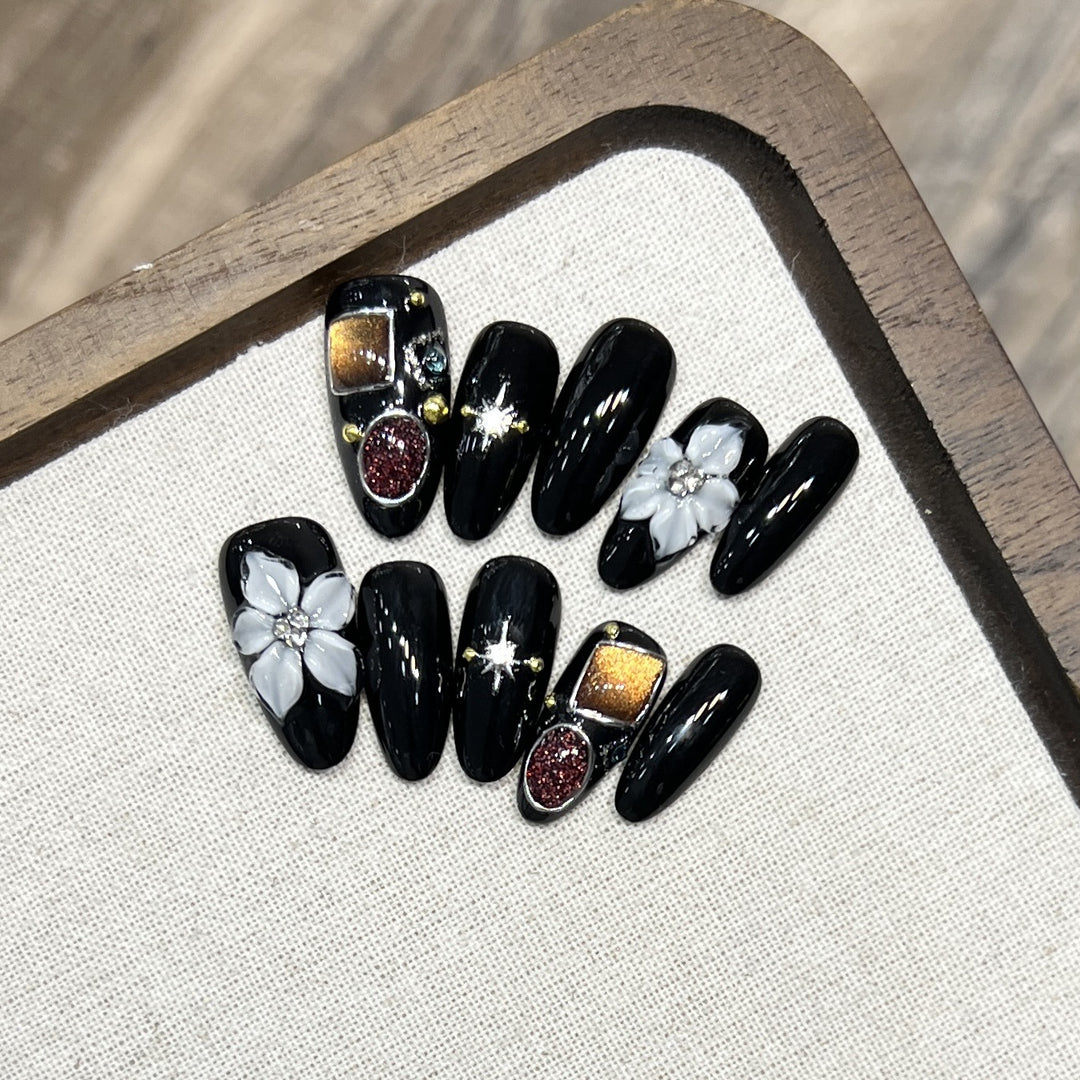 Decorative Press-On Nail Art Set with Floral and Crystal Accents Kalsten
