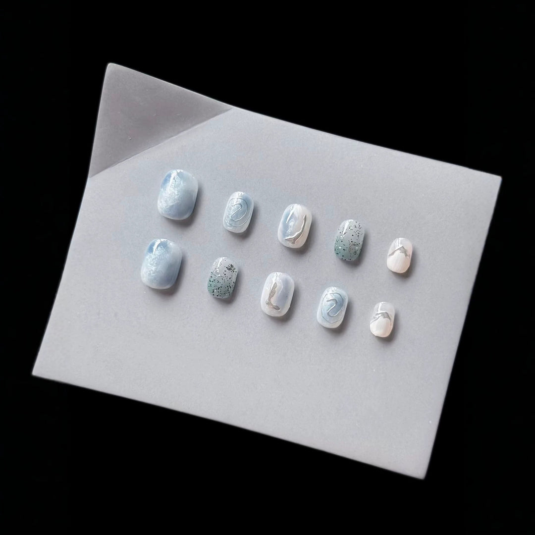 Artistic Press-On Nail Art Set with Ocean-Inspired Design