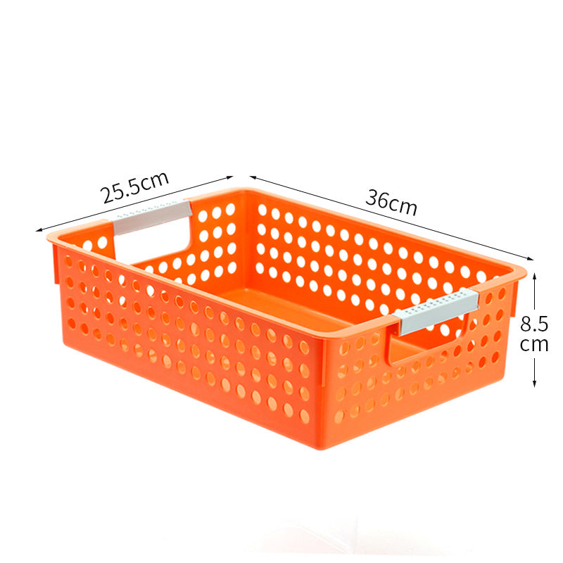 Flat plastic storage box with perforated side wall and grip recesses
