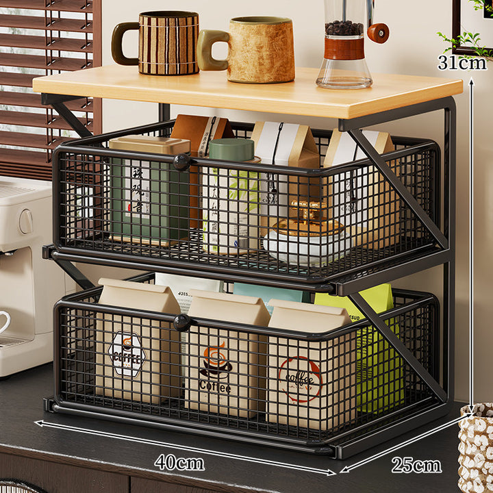Countertop Coffee Station Organizer with Wooden Top and Metal Wire Basket