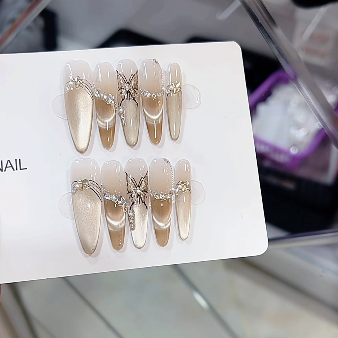 Artistic Butterfly and Pearl-Embellished Press-On Nail Set Kalsten
