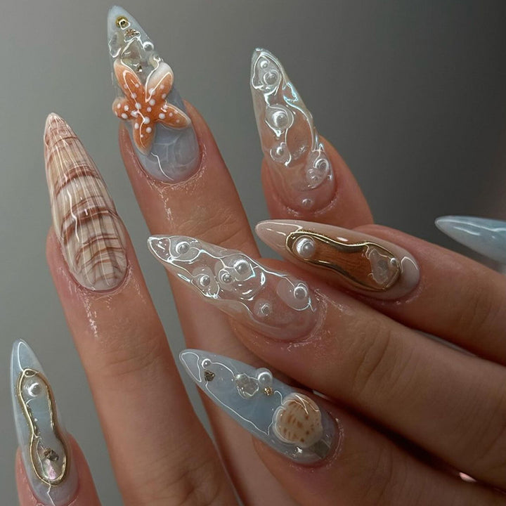 Artistic Press-On Nail Set with Shell and Floral Accents Kalsten