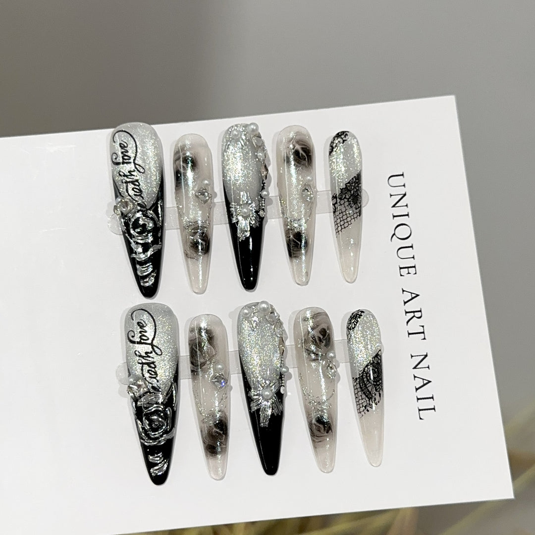 Elegant Stiletto Press-On Nail Art Set with Floral and Gemstone Accents
