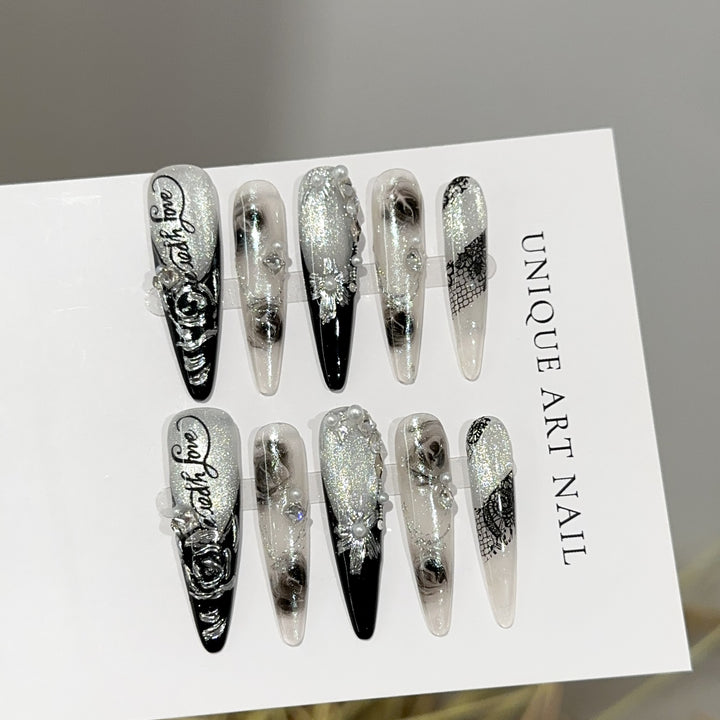 Elegant Stiletto Press-On Nail Art Set with Floral and Gemstone Accents