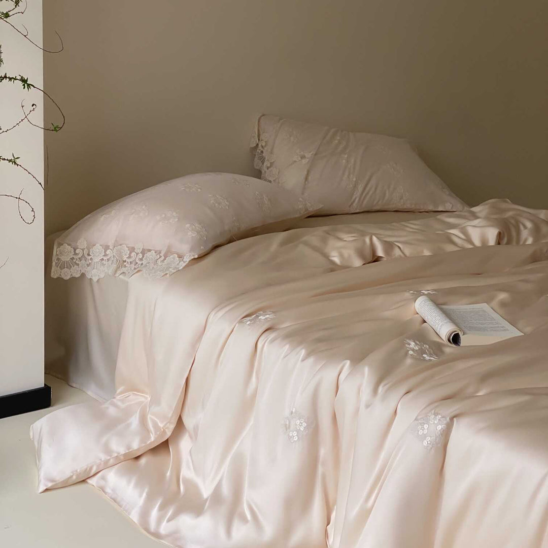 Satin bed linen set with lace trim, floral embroidery & silky touch