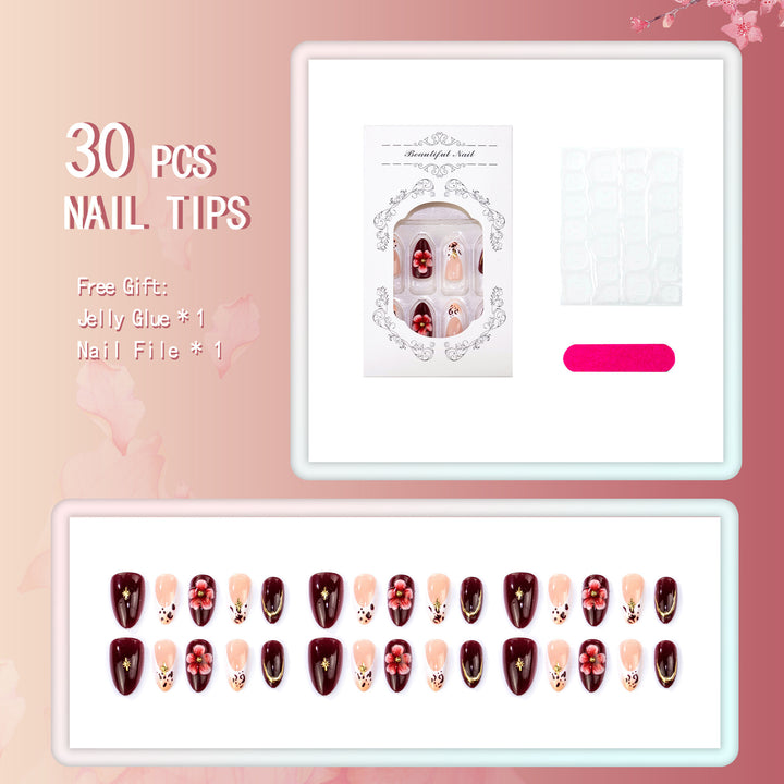 Artistic Press-On Nail Set with Floral and Leopard Accents