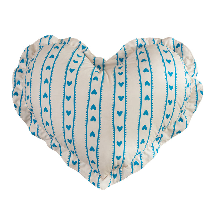 Heart-shaped cotton decorative cushion with gathered edge and heart stripe motif Kalsten