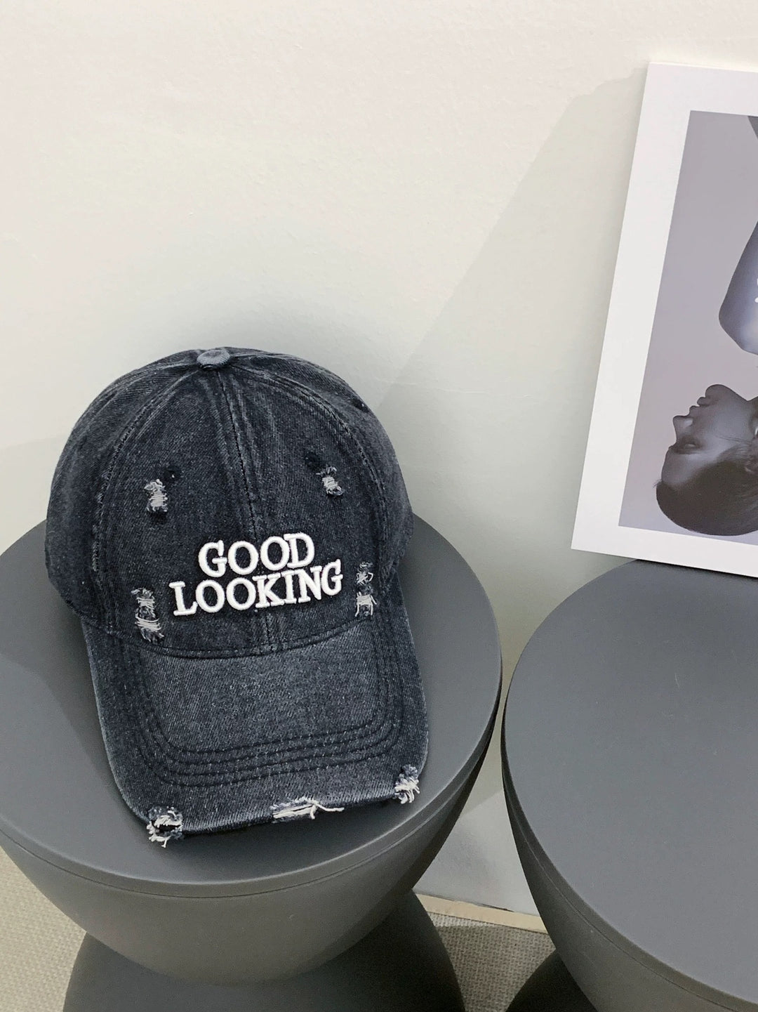 Distressed Denim Baseball Cap with Embroidered Message