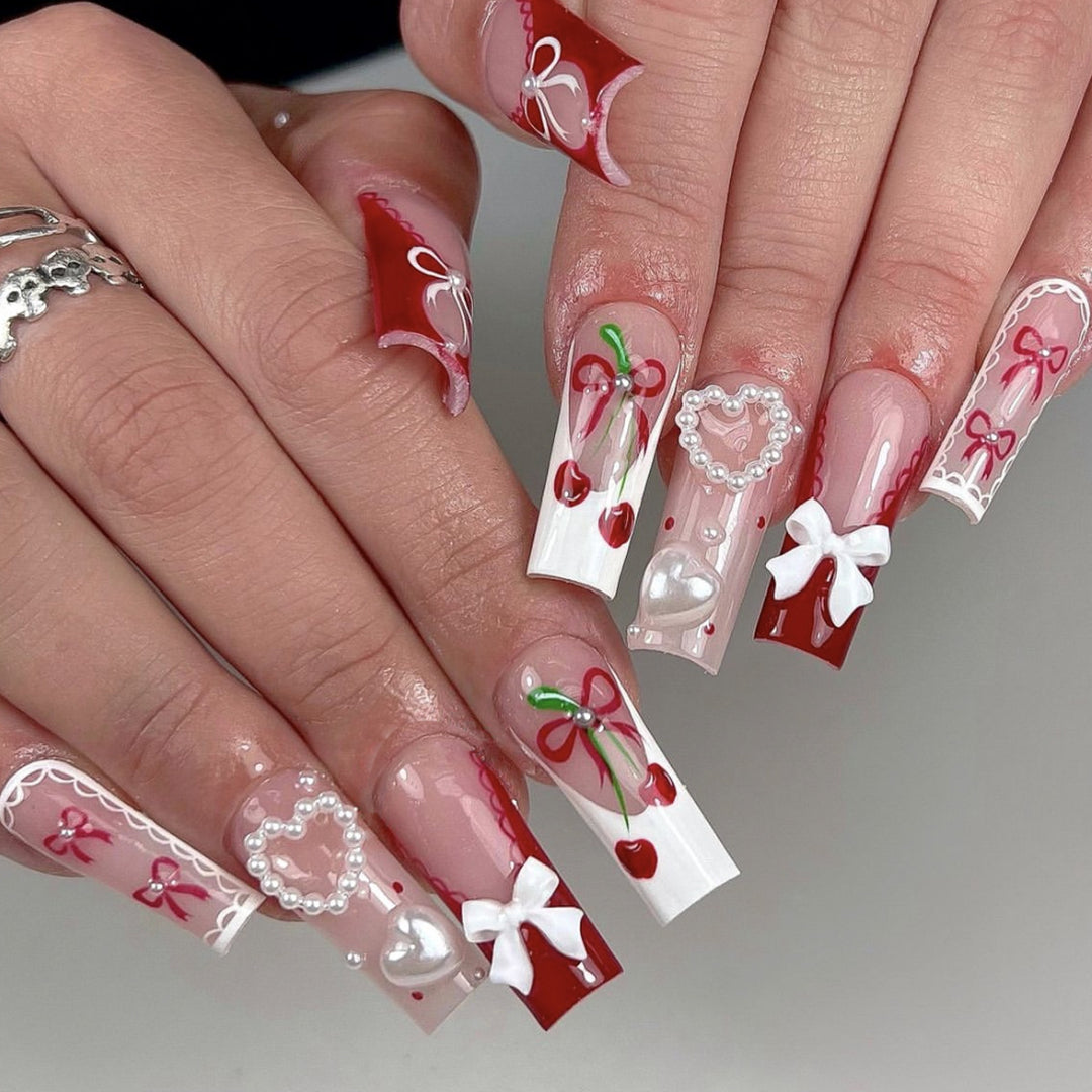 Festive Heart-Accent Acrylic Nail Art Extensions Kalsten