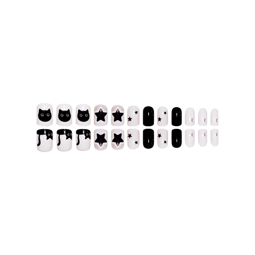 Playful Cat and Star-Themed Press-On Nail Art Extensions Kalsten