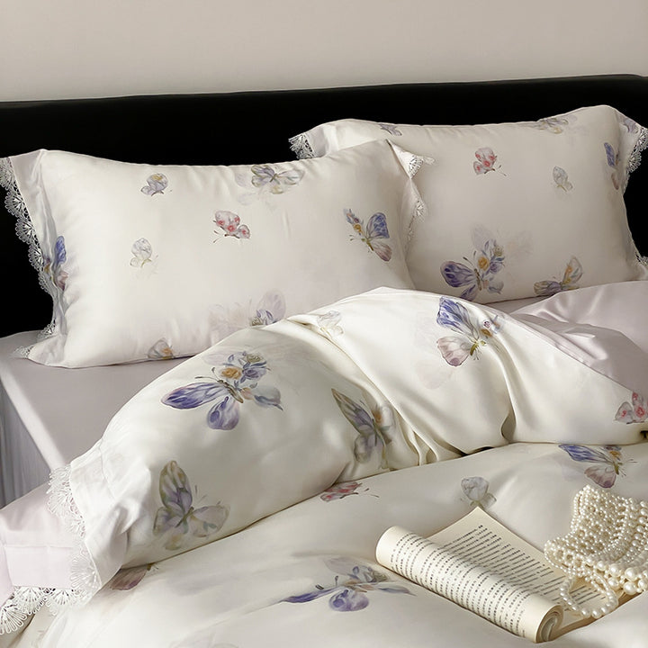 Satin bedding set with butterfly pattern and lace edge