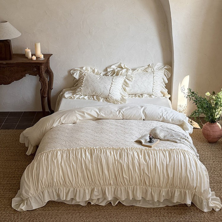 Romantic embroidered cotton bedding set with ruffles and floral jacquard embroidery