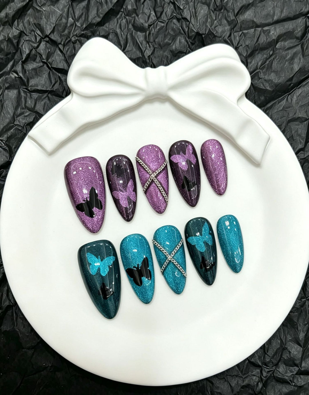 Artistic Press-On Nail Set with Butterfly Motifs