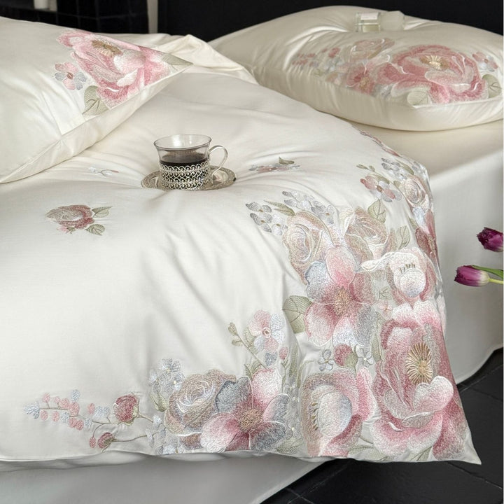 Embroidered satin bedding set with floral relief embroidery and silky finish Kalsten