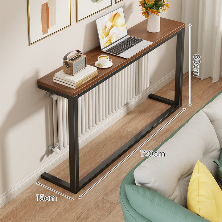 Slim Narrow Console Table with White Metal Frame and Wood-Grain Top