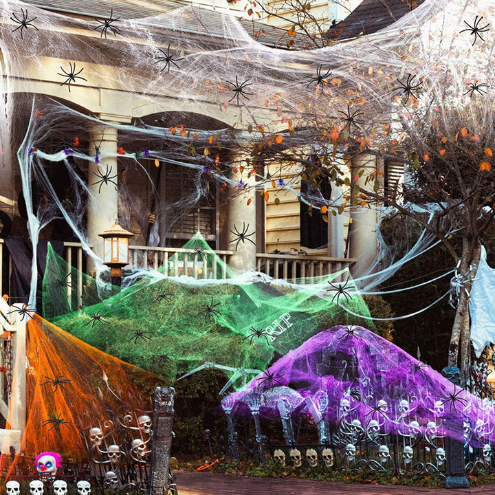 Decorative Halloween spider web with artificial spiders