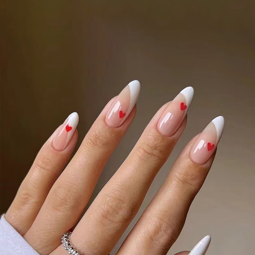 Elegant French Tip Press-On Nails with Heart Accents Kalsten