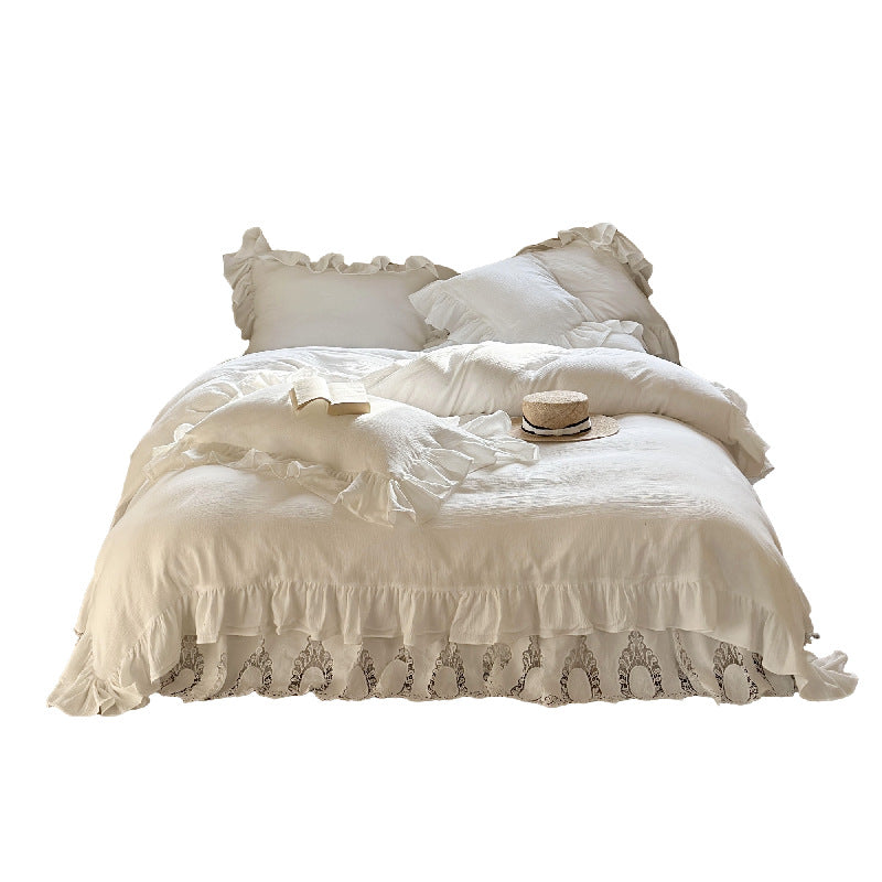 Romantic bedding set with voluminous ruffle, lace bed skirt, and double-layered frills