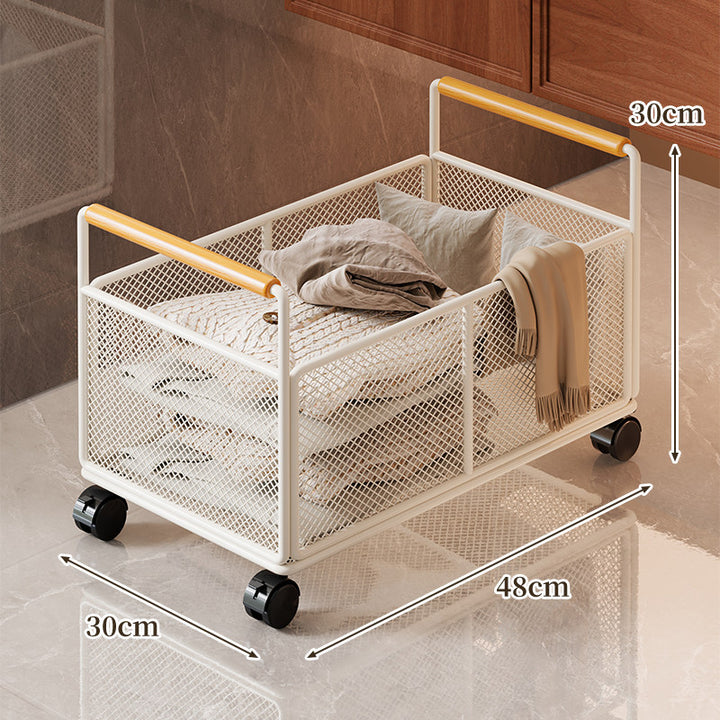 Rectangular Metal Mesh Storage Basket with Dual Wood-Hand Grips