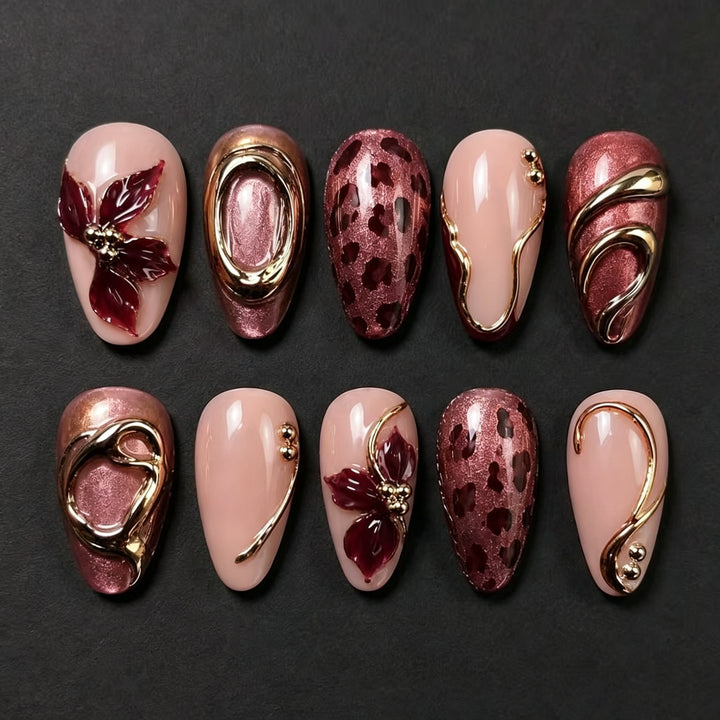 Floral-Embellished Press-On Nail Art Set with Gold Accents Kalsten