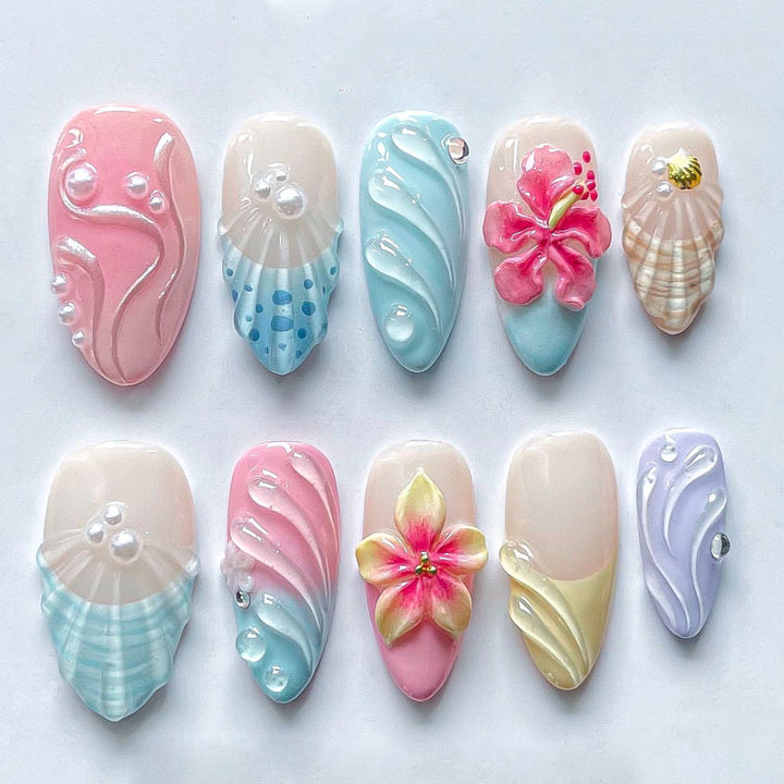 Decorative 3D Floral and Shell Press-On Nail Art Kalsten