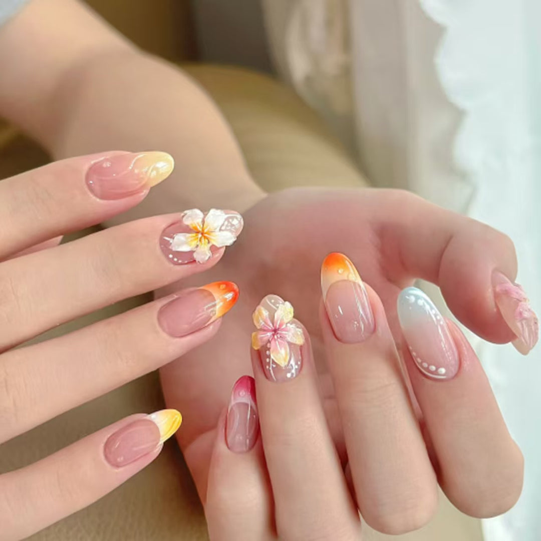 Artistic Press-On Nail Set with Floral and Ombré Designs Kalsten