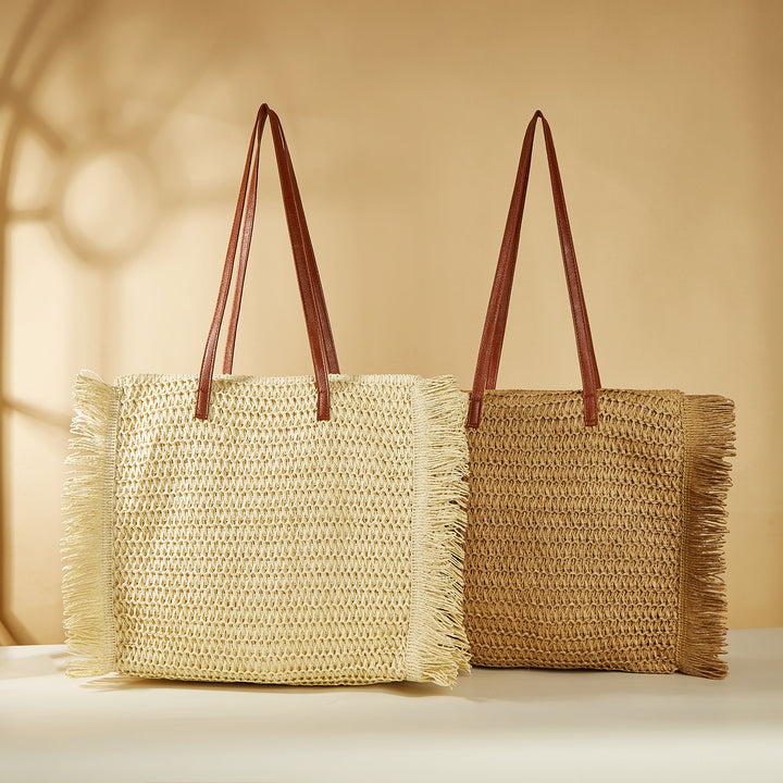 Large Woven Beach Bag with Fringes and Leather Handles Kalsten