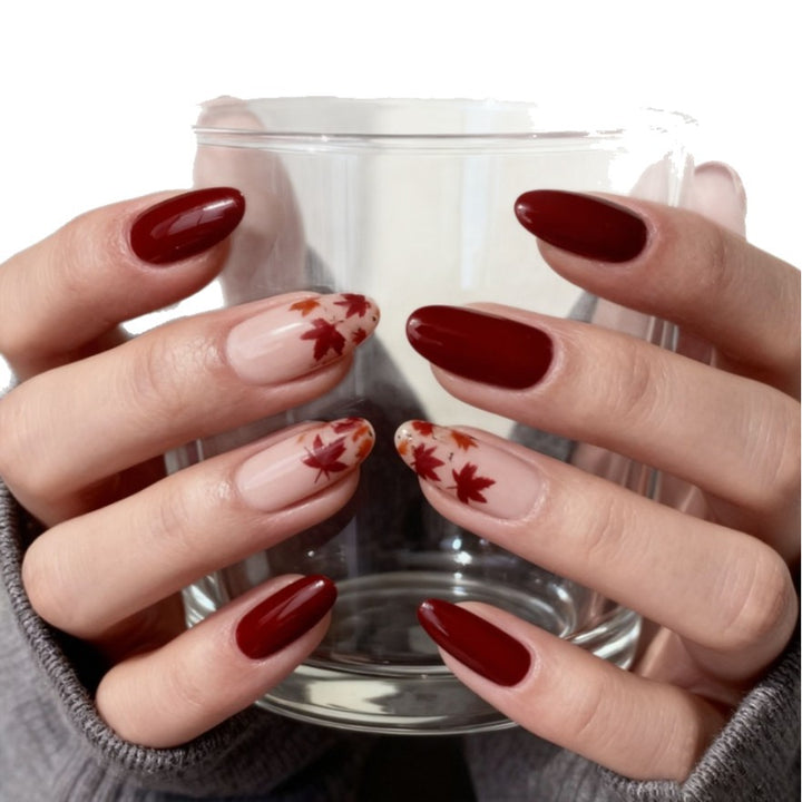 Fall-Inspired Glossy Almond-Shaped Nail Art Enhancements Kalsten